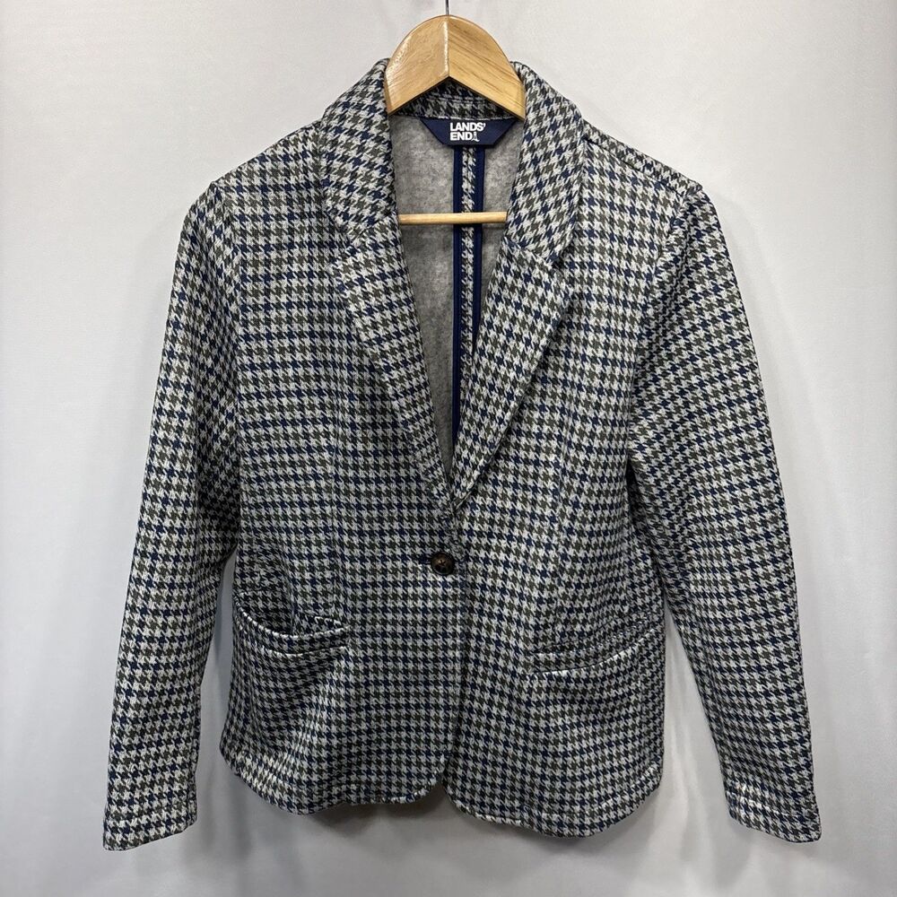 Lands’ End Knit Blazer M Petite Gray Houndstooth Blue Green One Button Career